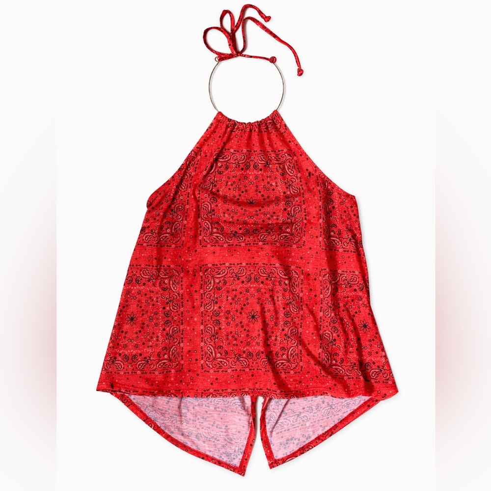 No Boundaries Bandana Print Halter Top Handkerchief Hem O-Ring Red Large